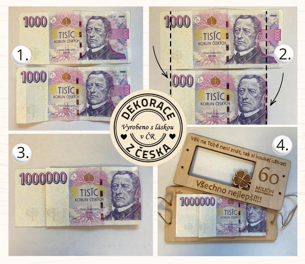 Ukázka vložení bankovek do dřevěného přání Milion korun k narozeninám